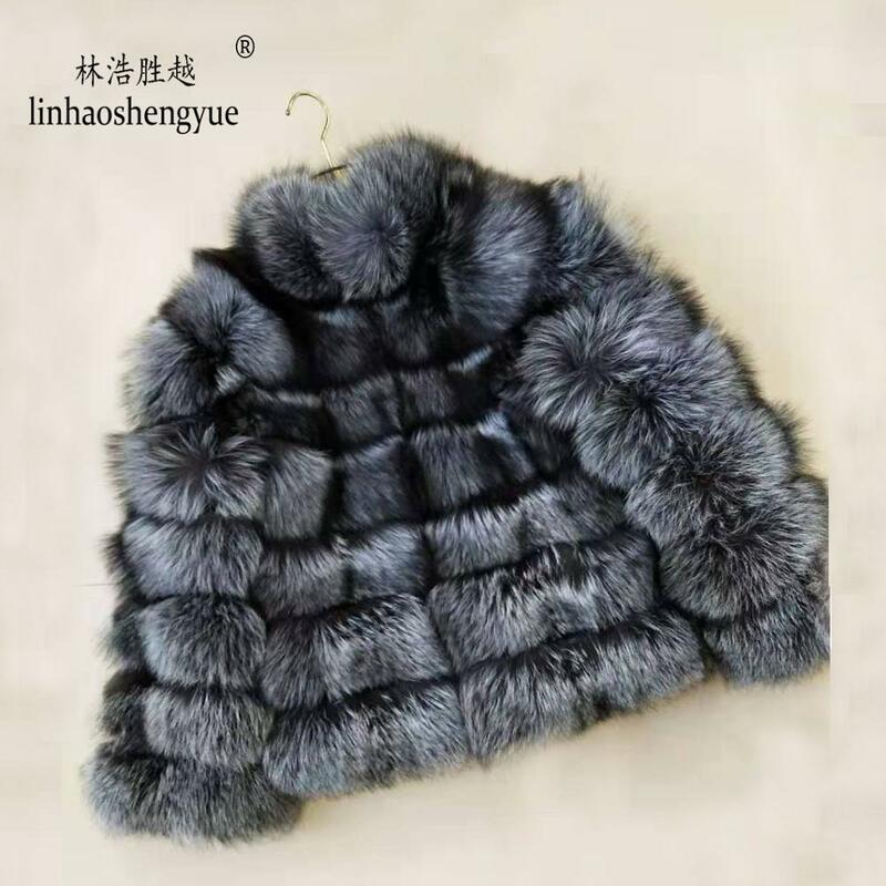 Linhaoshengyue Fashion  Women's Silver Fox Fur Coat Female Regular Section Horizontal Stripe Fox Fur Coat Female Stand Collar