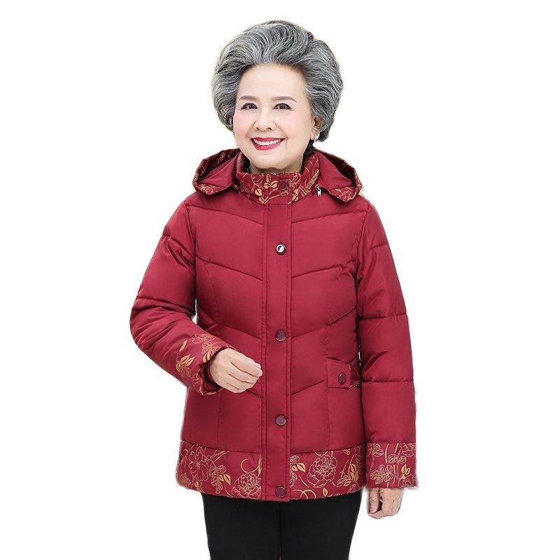 Zimowa bawełniana kurtka w średnim wieku starsze kobiety bawełniany płaszcz zimowy odzież dla matek nadruk gruba watowana kurtka plus size