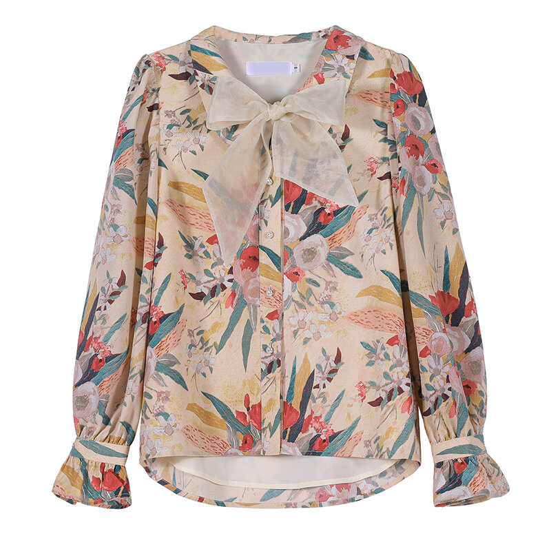 Mode Frauen Shirt 2021 Frühling Neue Floral Langen Ärmeln Chiffon Hemd Weibliche Westlichen Stil Fliege Bodenbildung Shirt Gedruckt Top