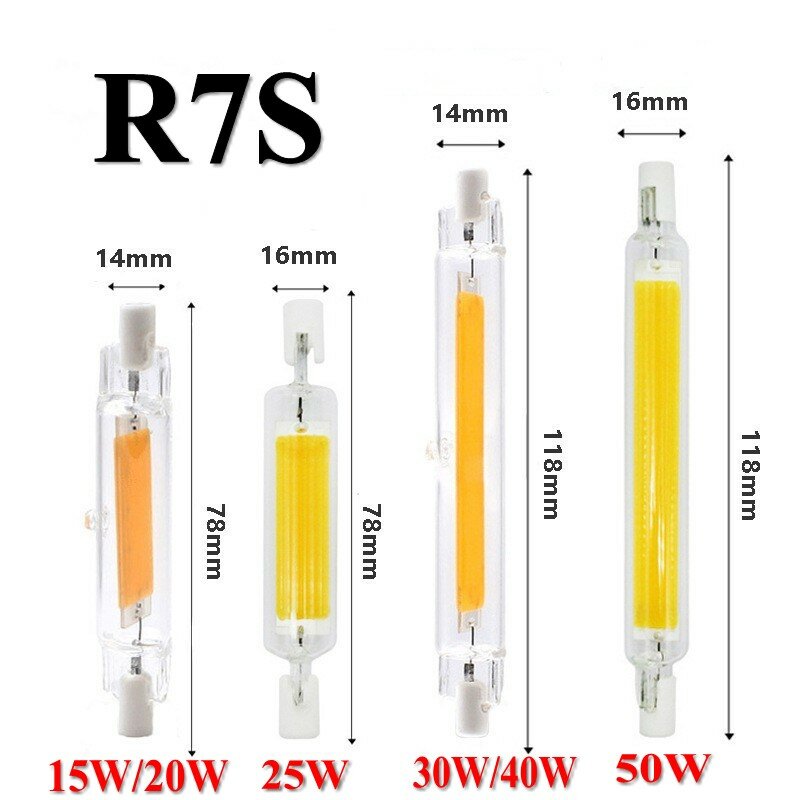 R7S LED vidro tubo halogênio luz, milho lâmpada, substituir a luz, 78mm, 15W, 20W, COB bulbo, 118mm, 30W, 40W, J78, J118, CA 220V, 110V, 50W