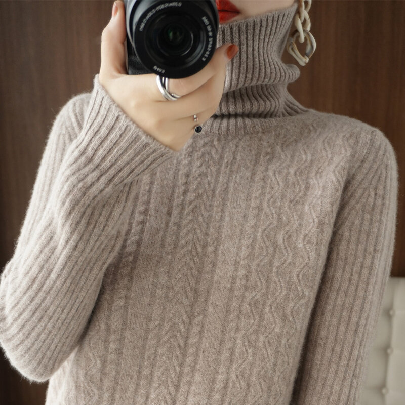가을, 겨울 여성 스웨터 새로운 Iong-Sleeved 풀오버 높은 칼라 순수 양모 느슨한 야생 트위스트 패션 탑 Bottoming 셔츠