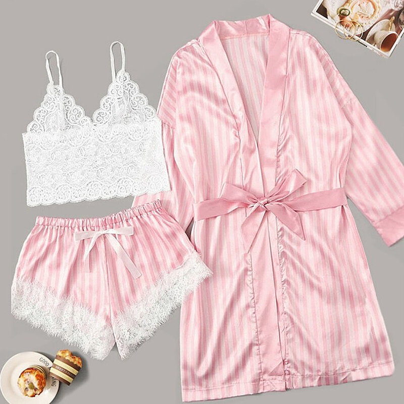 Pijama de manga larga para Mujer, lencería Sexy de encaje, ropa interior para dormir, Conjunto de Pijama de 3 piezas, Pijama de Mujer