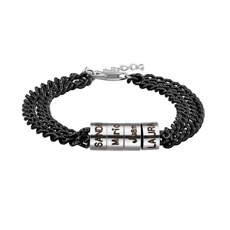 Pulseira com contas e nome personalizado, bracelete preto de aço inoxidável com personalização para homens, presente de dia dos namorados