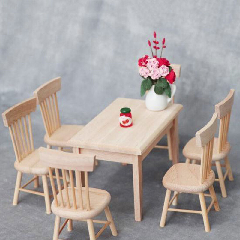 Mobília em miniatura para casa de boneca 1:12, mesa de jantar de madeira com 6 modelos de cadeira, conjunto de acessórios para quarto de miniaturas