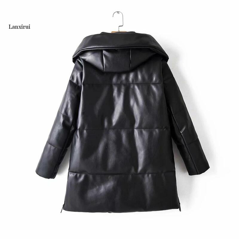 Winter Women Thick Warm Oversize Faux Leather Hoodie Parkas Zipper Long Jacket Coat Female Outwear Tops Casual Loose Overcoat