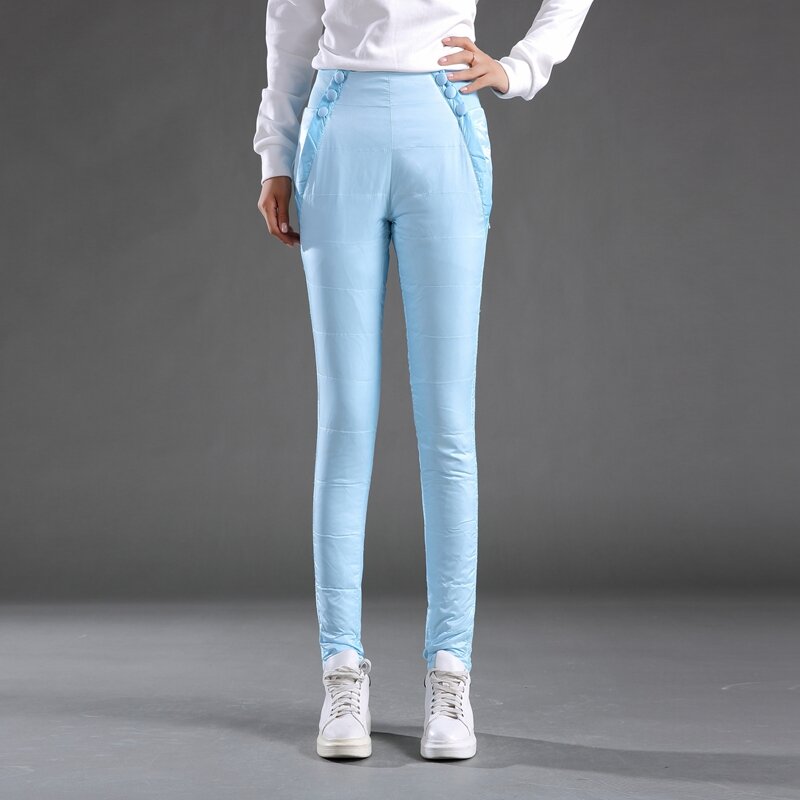Kobiety Double Face Down wyściełane ołówkowe spodnie wysokiej talii Slim Lace ciepłe spodnie zimowe Lady wysokiej talii 90% białe dół spodnie PT-129