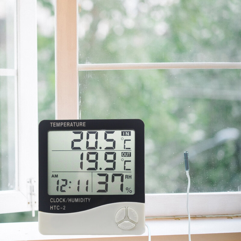Termómetro Digital LCD, higrómetro, estación meteorológica para el hogar, interior y exterior, medidor de humedad y temperatura C/F con reloj despertador
