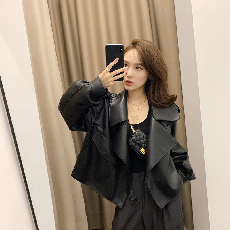 Windproof Trendy Women's Spring Faux Leather Jackets 2023 Ladies Casual Loose Soft Short Basic Jackets And Coats Veste Femme