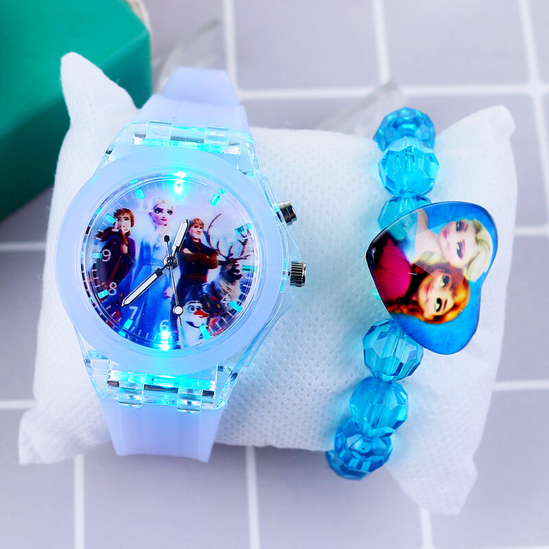 Montre avec bracelet en silicone pour enfants, Flash Light, Princess Elsa, Frozen Bone, Girls, Student Clock