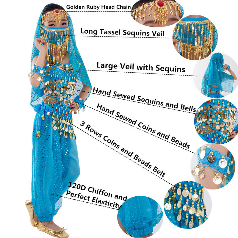 Cinturón de bailarina de vientre para niños, pantalones, accesorios de velo para alas, máscara para niños, vestido de Bollywood, conjunto de disfraz de danza del vientre para niñas, 2-8 piezas