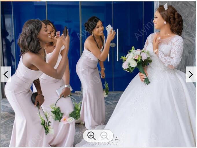 สวย Bll ชุดแขนยาวลูกไม้ Appliques ชุดแต่งงานรถไฟ Cathedral Elegant แอฟริกันเจ้าสาวงานแต่งงานกับปุ่ม