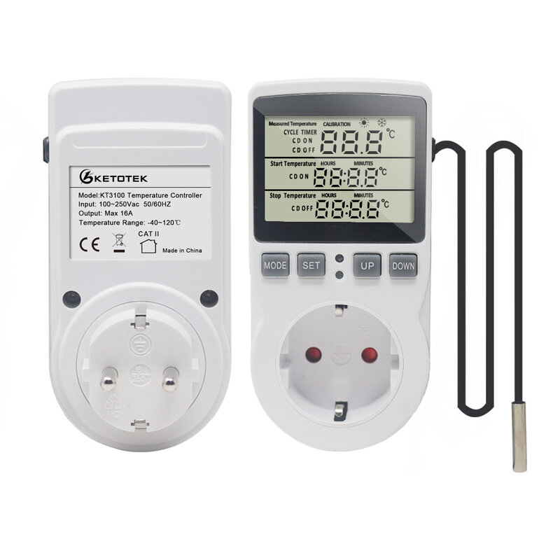 Digital Termostato Controlador de Temperatura, Tomada Timer, Interruptor Sensor, Aquecimento de Refrigeração, Arrefecimento, 16A, 220V para Mat Calor, KT3100, KT3200