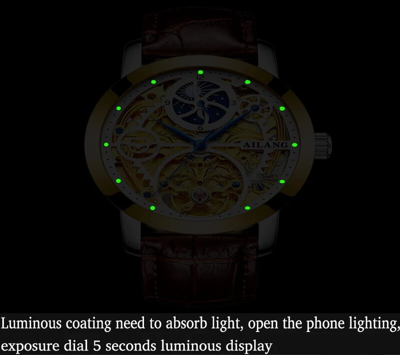 Ailang-novo relógio masculino de negócios, casual, 50m de vida, à prova d'água, vazado, totalmente automático, pulseira de couro mecânico, 6812a, 2021