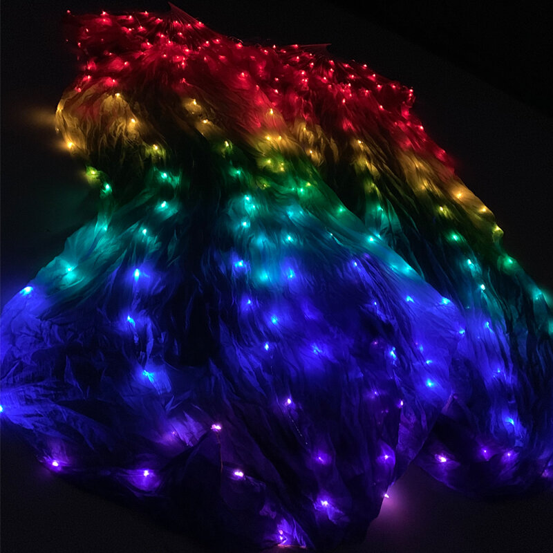 LED arco-íris dança fãs com baterias, adereços desempenho dança do ventre, longas LED fãs, 100% seda, 1pc ou par