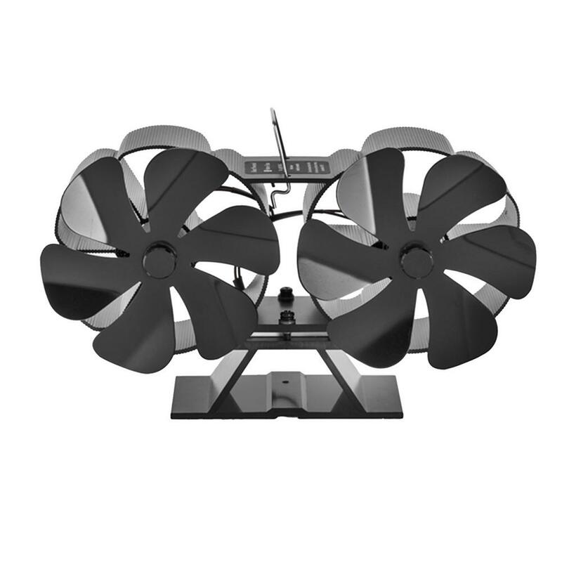 Ventilador de chimenea negro de doble cabezal, ventilador de chimenea silencioso de alta temperatura, disipación de calor de alta eficiencia, quemador de madera de 12 aspas, SF707T