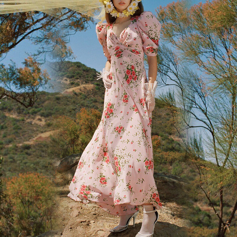Французское маленькое Цветочное платье жареной улицы, художественная юбка, нишевая юбка-сюрприз, длинная юбка с принтом, шелковое платье