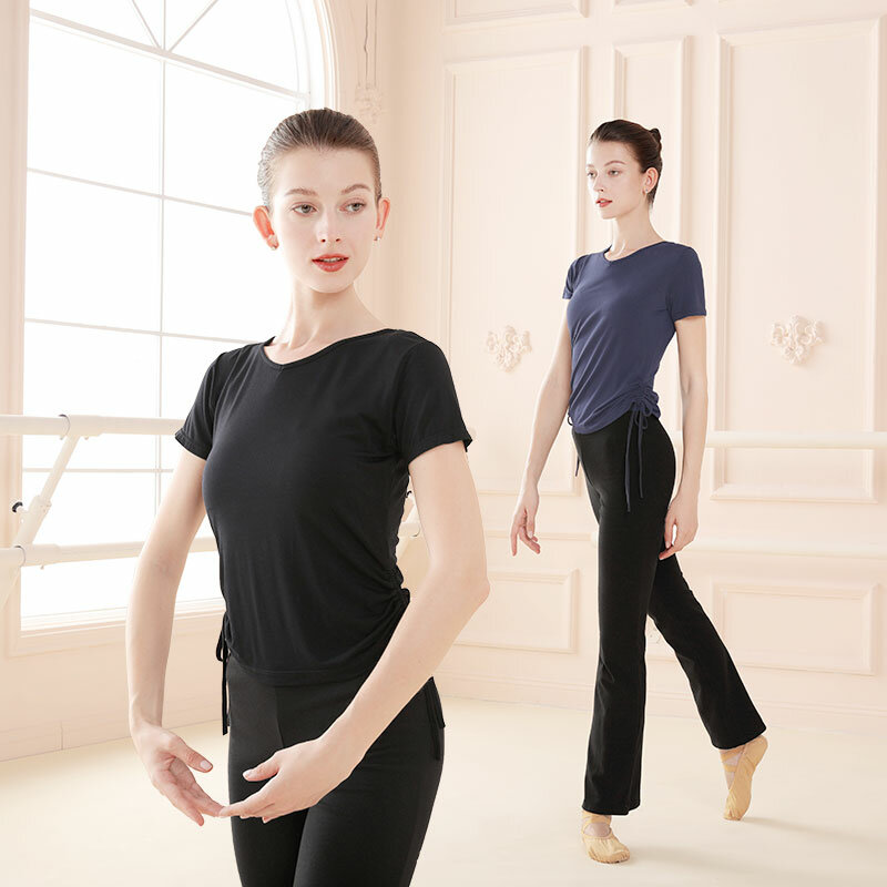 Balet topy baletowy dla dorosłych sznurkiem bluzki bandażowe modalne z krótkim rękawem V Neck topy taniec T-shirt kobieta Dancewear strój treningowy