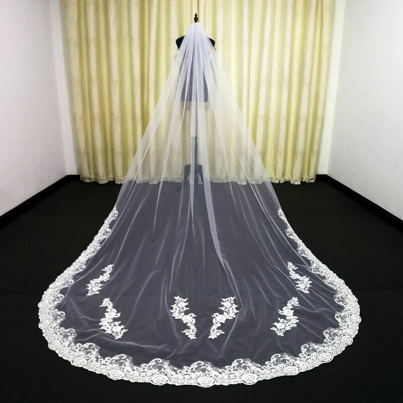 Velo de novia con borde de encaje de una capa, velo de novia con peine de Metal, color blanco marfil, 3M