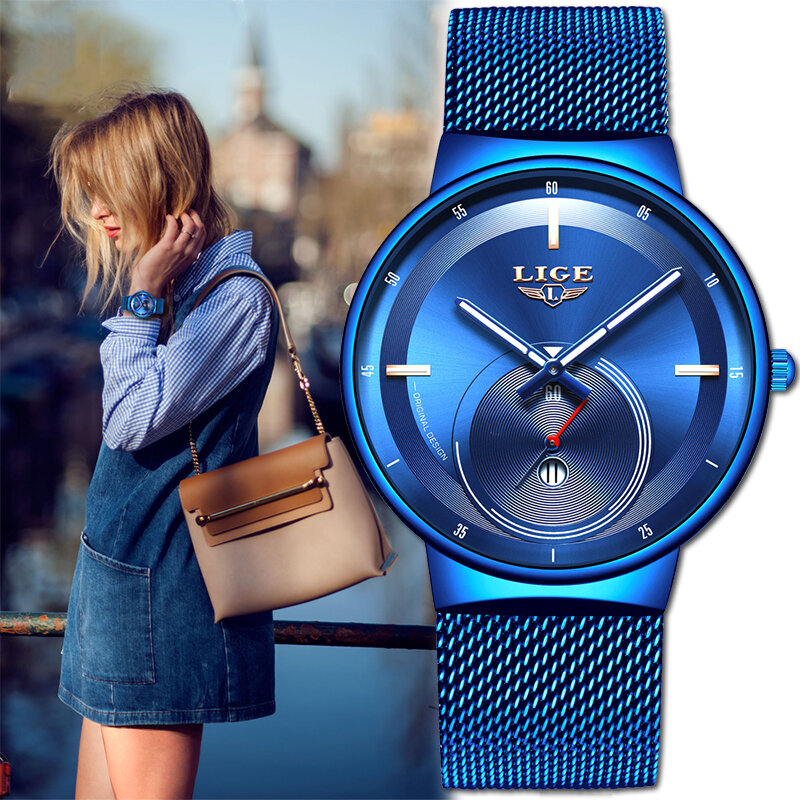 2020 montre femmes et hommes montre LIGE haut marque de luxe dames maille ceinture Ultra-mince montre étanche Quartz montre-bracelet Reloj Mujer