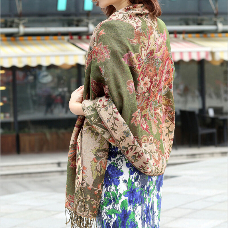 Estilo étnico feminino cachecol jacquard pashmina xale feminino vento nacional cabeça cachecóis envoltórios foulard femme duplo-lado impressão xales