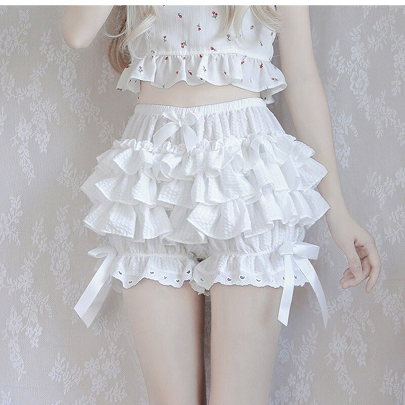 Women's Summer Lolita Style Shorts Lace Trim Layered Ruffle Bloomers Bowknot Frilly Panties Solid Color Shorts Pumpkin Pants