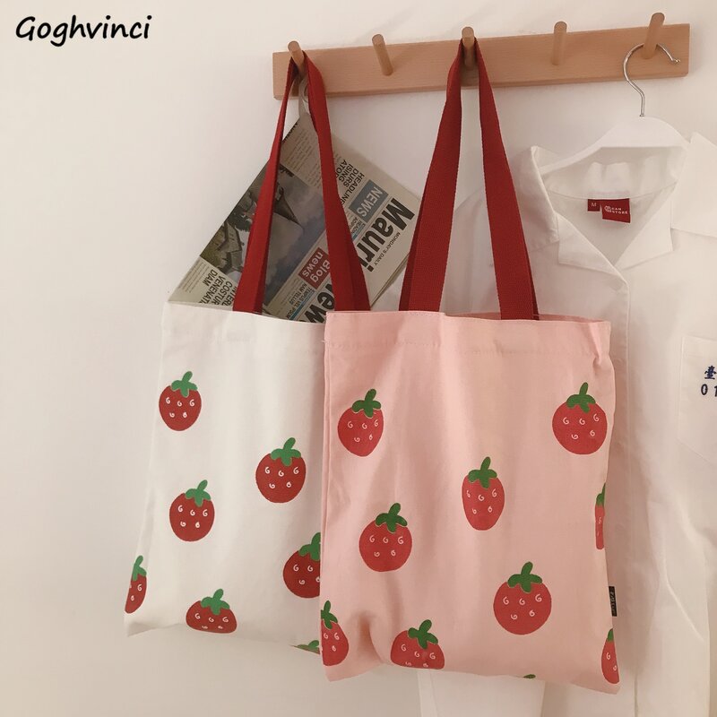 Bolso de compras con estampado de fresas para mujer, bolsa de lona de gran capacidad, Kawaii, Ulzzang, novedad