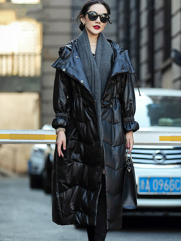AYUNSUE – veste longue en cuir véritable pour femme, manteau en peau de mouton, à capuche, parka d'hiver, 19D68-05, 100%