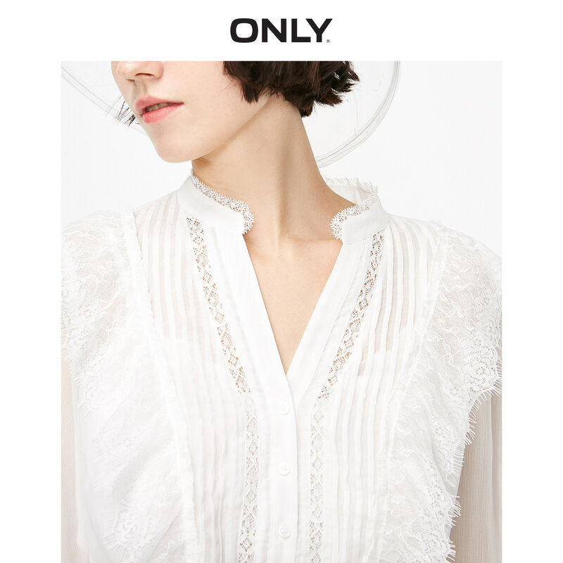 ONLY Women's Pure Color Flared Sleeves Spliced Lace V-neckline Chiffon Shirt | 119151523