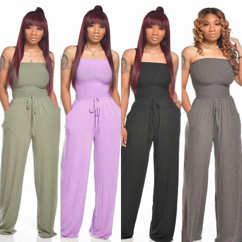 Woman Fashion Jumpsuits 2020 Summer New Breathable Ladies Solid Casual Loose Off Shoulder Backless Wide Leg Jumpsuit Romer Pants
