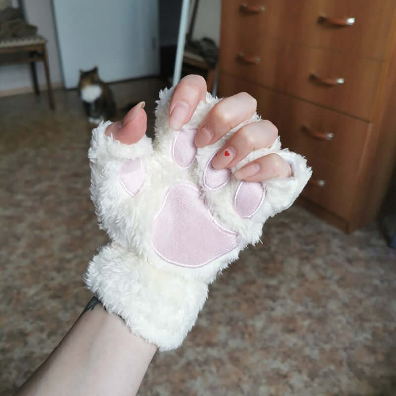 New Winter Gloves Women Bear Plush Cat Paw Claw Gloves Cute Kitten Fingerless Mittens Christmas Halloween for Girls Gift Gloves