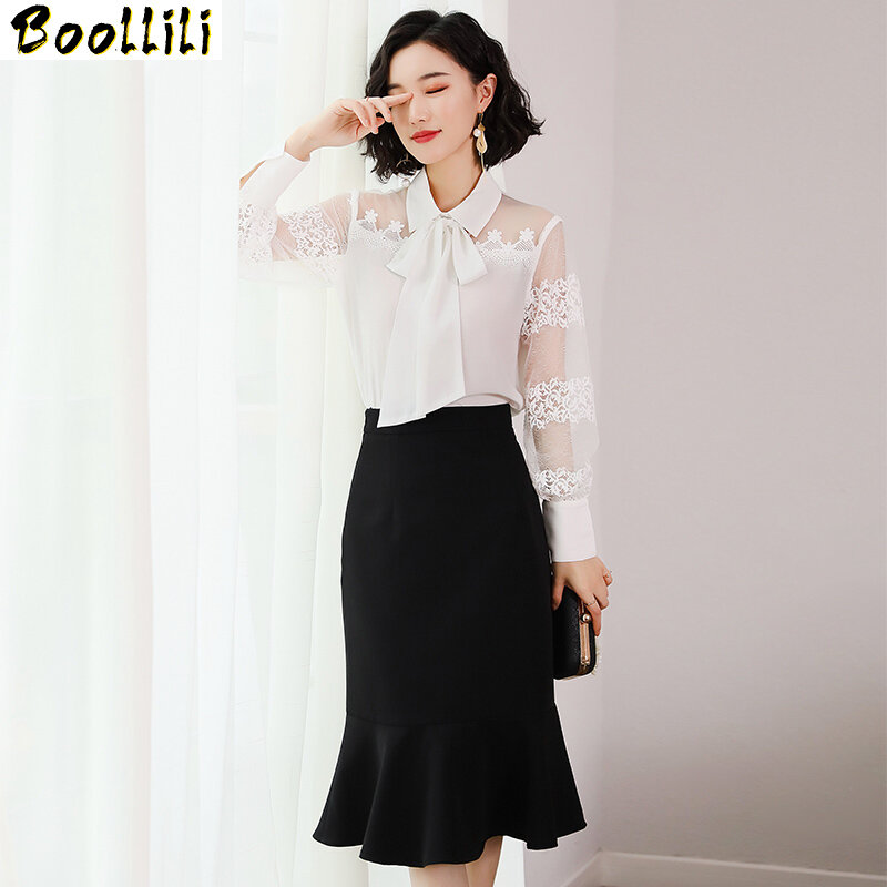 Boolili-Conjunto de dos piezas para Mujer, Tops de gasa para oficina, falda negra para primavera y verano, faldas largas elegantes coreanas para Mujer 2023