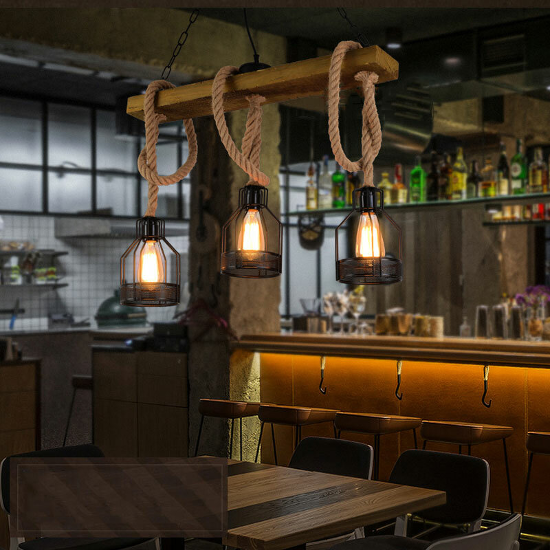 Lustre retrô industrial de 3 lâmpadas, luminária pendente de madeira com corda de cânhamo de ferro, para restaurante, sala de jantar, café, bar