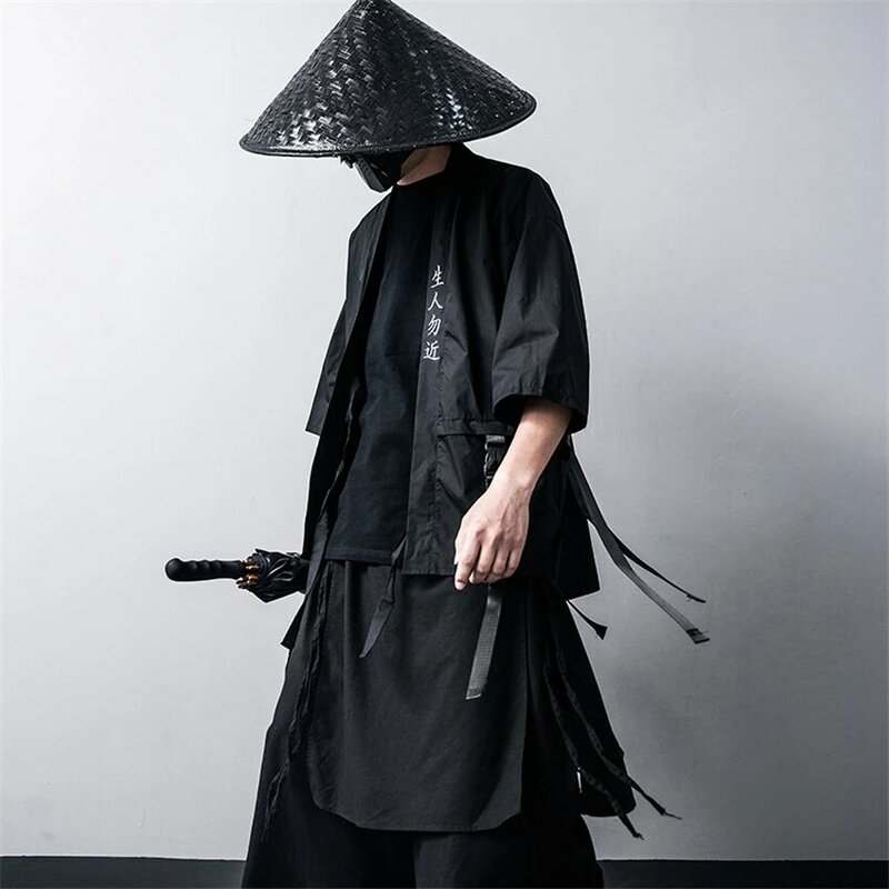 ญี่ปุ่นแบบดั้งเดิม Kimono Cardigan ผ้าฝ้ายสีดำเวทีแฟชั่นเสื้อคลุมฮาโอริ Samurai คอสเพลย์เครื่องแต่งกายสไตล์จีน Streetwear
