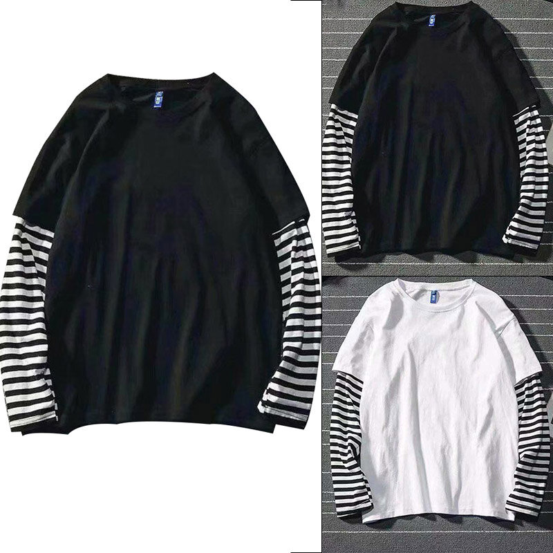 Fake Two Striped Color Matching Stitching Long Sleeve Women  T-shirt 2020 Autumn Winter Hip Hop Style Couple Bottoming Shirt