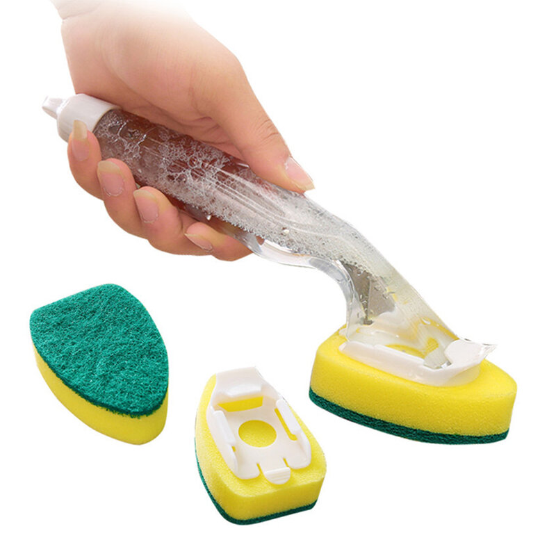 Soap Dispensing Dish Cleaning Brush Set With 1 Dish Washing Handle 9 Sponge Replacement Head Kitchen Sink Scrubber Cleaning Tool