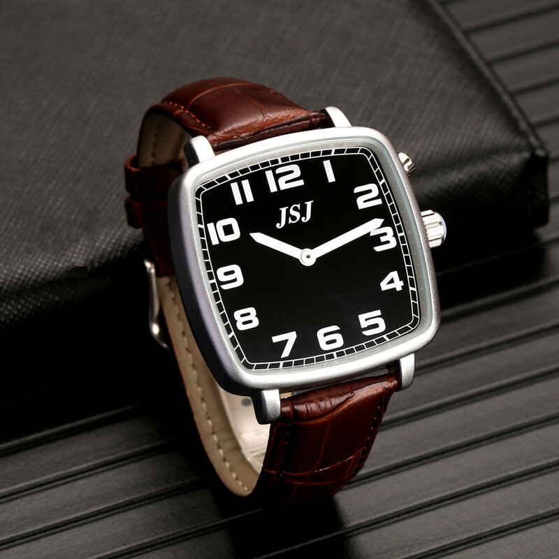 Kwadratowy niemiecki zegarek z alarmem, rozmową datą i czasem, czarną tarczą, brązową skórzaną opaską TGSW-1714G