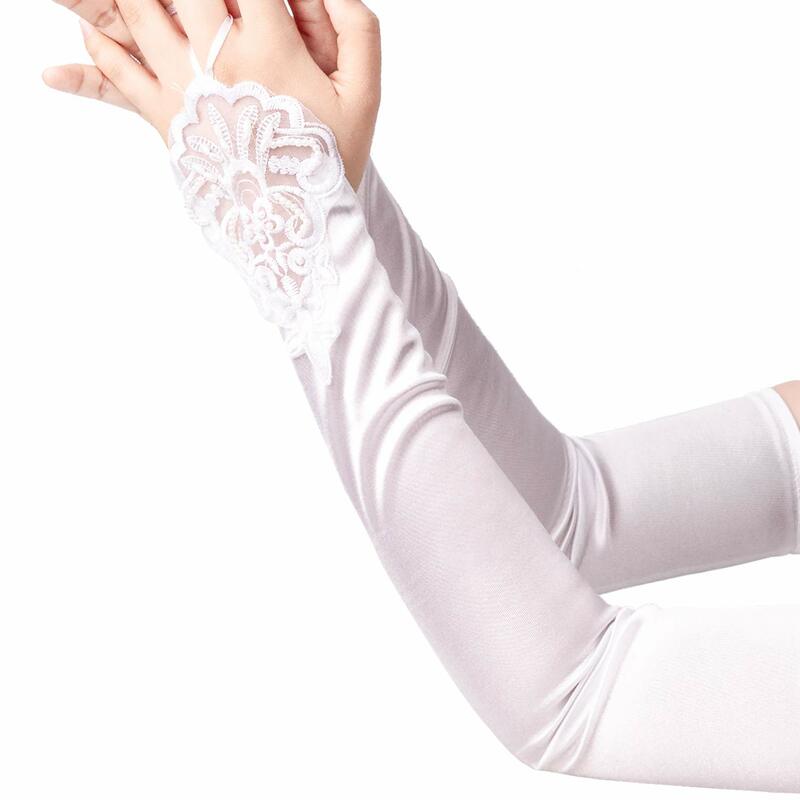 Sarung Tangan Putih Panjang Tanpa Jari Sarung Tangan Satin Panjang Siku Bertindik 19 "Sarung Tangan Pesta Malam Opera Melar 1920S untuk Wanita