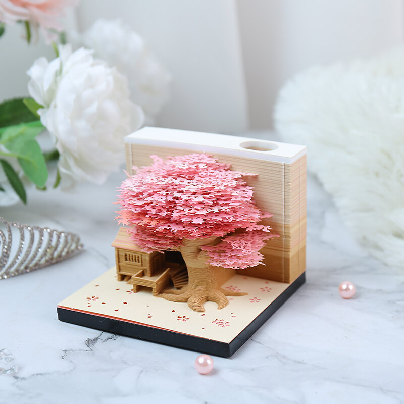 Omoshiroi Block 3D Memo Note Cute Diy Treehouse Christmas Gift  Color Paper Sticky Note Acylic Flip Box Craft Notepad Stationery