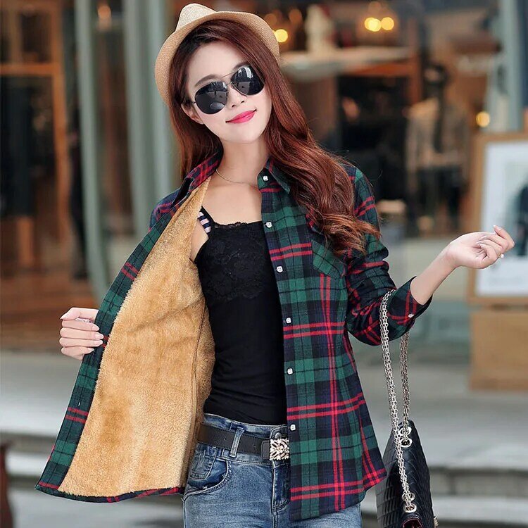 2023 Brand Winter Warm Women Velvet Thicke Plaid Shirt Style Coat Jacket Women Clothes Tops Female Casual Jacket Outerwear