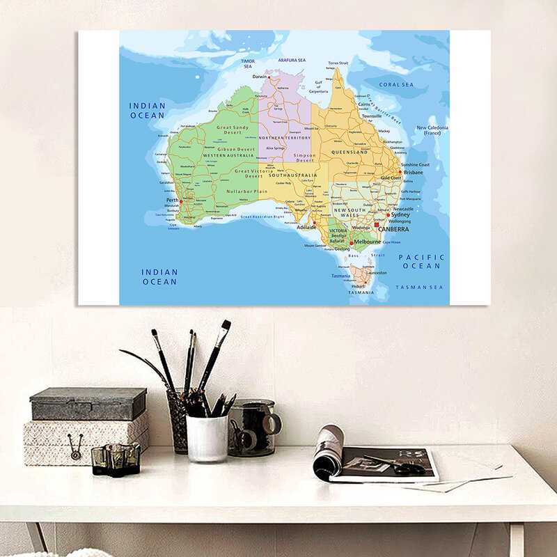 Lienzo de tela no tejida para decoración del hogar, póster grande con mapa de ruta política y de tráfico de Australia, suministros escolares, 225x150cm