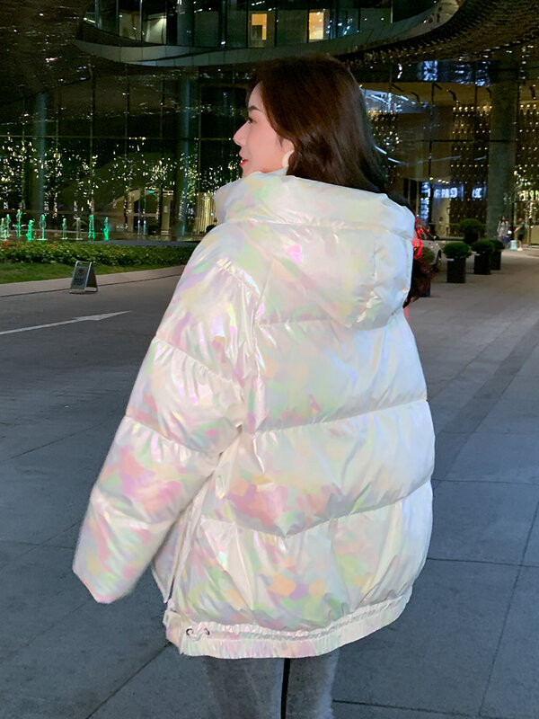 흰색 유약 표면 레이저 화려한 다운 재킷 여성 중간 길이 겨울 의류 새로운 흰색 오리 후드 두꺼운 재킷 아래로