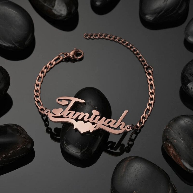 Atoztide-pulseira personalizada com nome, encantos de aço inoxidável, artesanal, cadeia figaro, gravado, escrita à mão, coração, presente