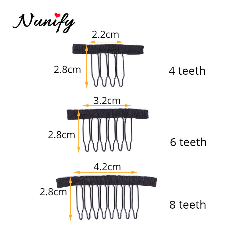 Nunify-prendedores para peruca, extensão de cabelo, 4 dentes, aço inoxidável, pentes, fechos de borracha