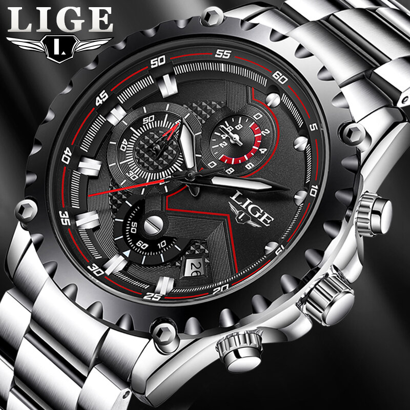 LIGE Fashion Mens Watches Top Luxury Brand Silver Stainless Steel 30m Waterproof Quartz Watch for Men Army Military Chronograph