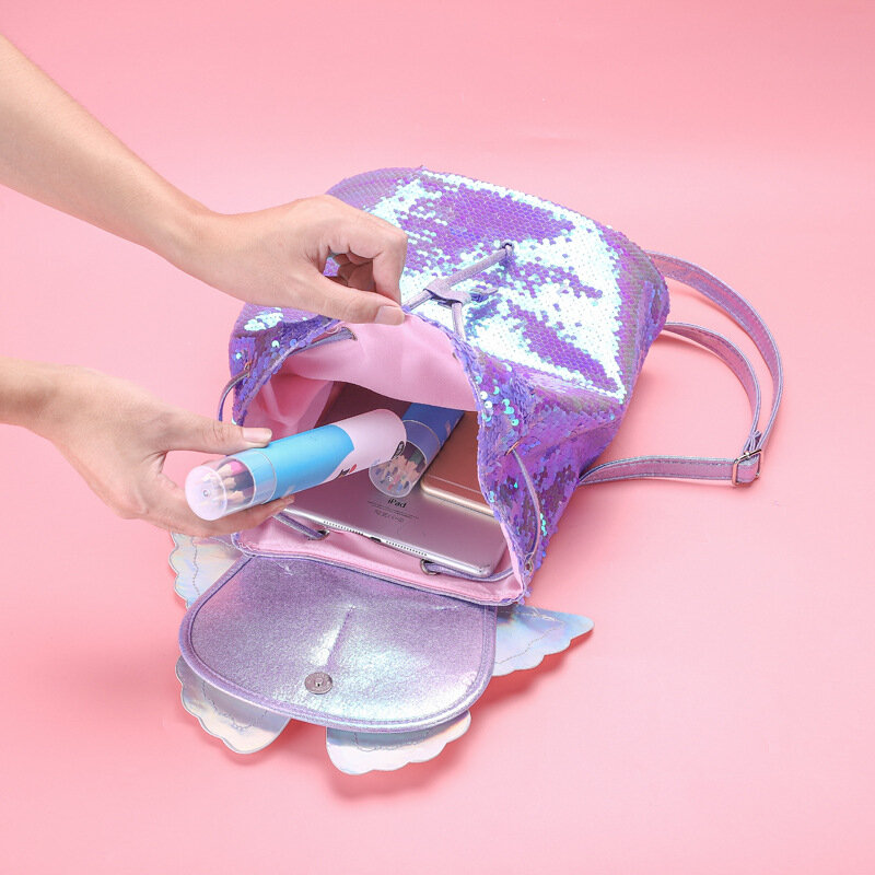Fashion Travel Cartoon Hologram Sequins Teenager Girls Butterfly Drawstring Backpack Shoulder School Bag Daypack Rucksack