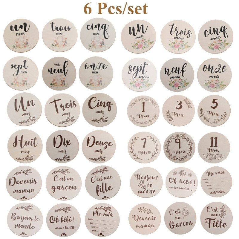 6 Pcs Handmade French Letters Baby Milestone Cards Double-sided Monthly Growth Recording Photo Cards Newborn Birth Souvenir Prop