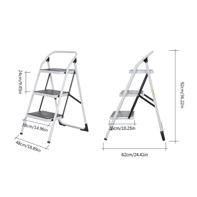 iKayaa 3 Step Ladder Non-slip Folding Ladders with Hand Grip Iron Frame Portable Step Stools 330LB/150KG Capacity EN131 Approved