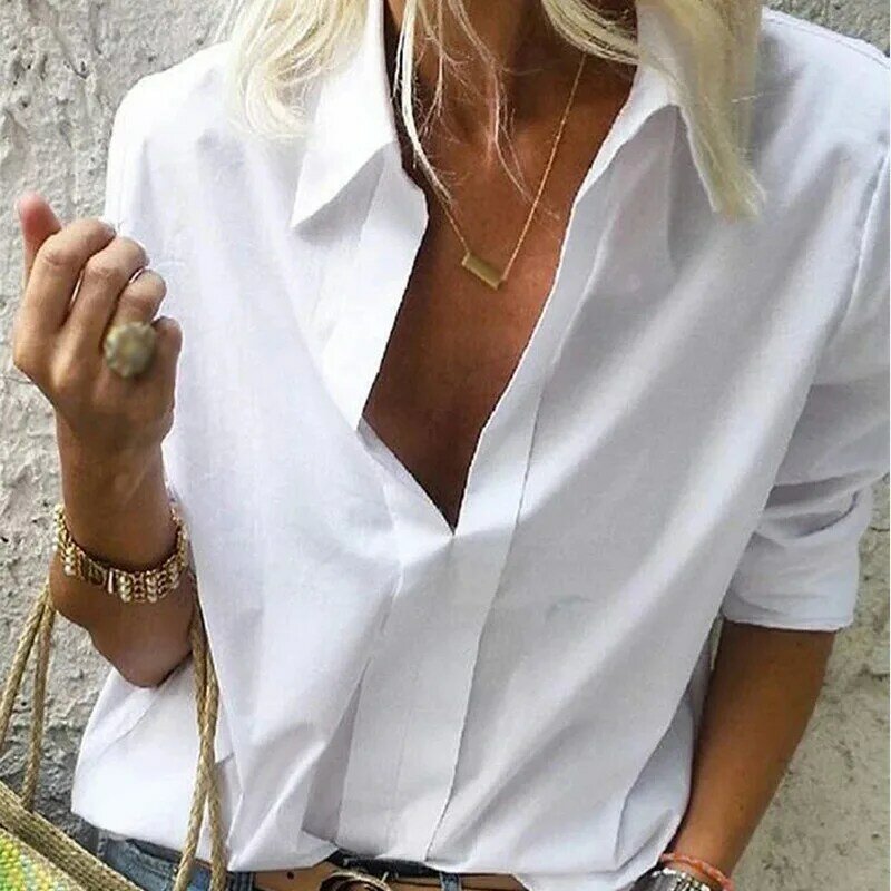 Spring Ladies Shirt Casual Fashion V-Neck Women Clothing Solid Color Loose Office Lady Long Sleeve Dot Soft Cozy Women's Blouse