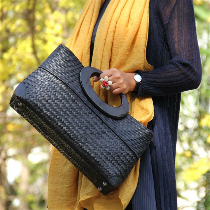 Bolso de mimbre de paja hecho a mano para mujer, bolsa de mimbre de estilo étnico, bolso tejido de mediana edad, a6100, 37x21CM