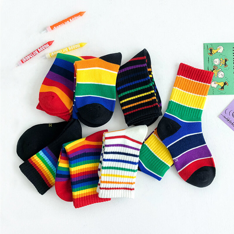 Calcetines hasta la rodilla para niño y niña, medias largas de algodón con diseño de arcoíris, a rayas, color blanco, accesorios para primavera y verano